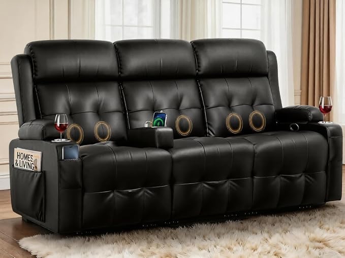 Recliner Sofa, Massage Reclining 3 Seater Sofa Sets Heavy Weight Capacity, RV Loveseat Couch Clearance with Storage, Cup Holders, Wall Hugger Recliners for Living Room & RV Campers