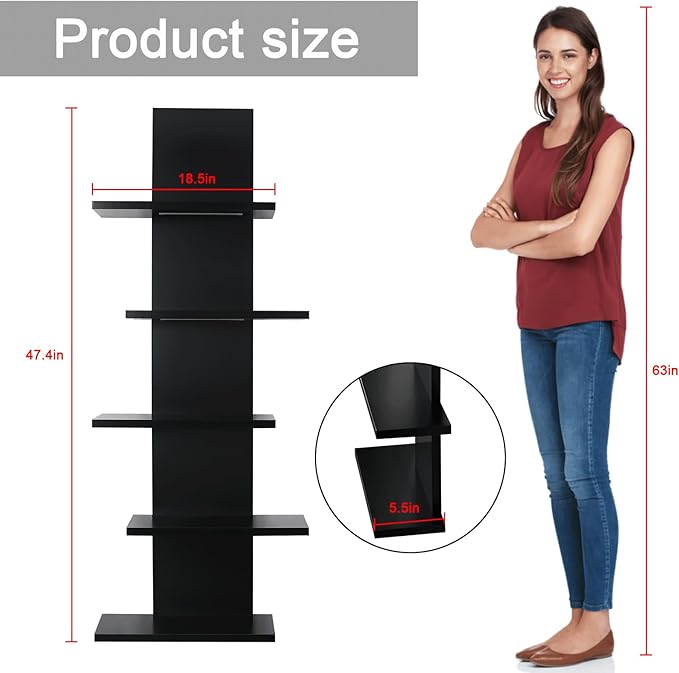 VIWODS 5 Tier Wall Shelf Unit-Black Floating Shelves with Light for Home Decor, Modern Unique Asymmetric Design for Bedroom & Living Room Storage