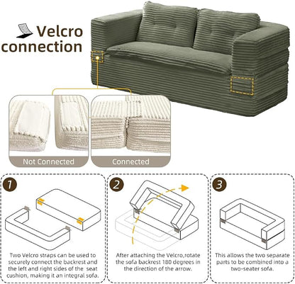 80'' Futon Sofa Bed, King Size Foldable Sleeper Sofa, Corduroy Boneless Loveseat Couch with Chaise Lounge, 3 Pillows, Blanket, Upholstered Sectional Couches for Living Room,Bedroom, Pine Green