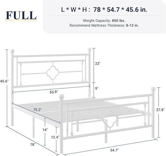 Allewie Full Size Metal Platform Bed Frame with Victorian Vintage Headboard and Footboard/Mattress Foundation/Under Bed Storage/No Box Spring Needed/Noise-Free/Easy Assembly, White