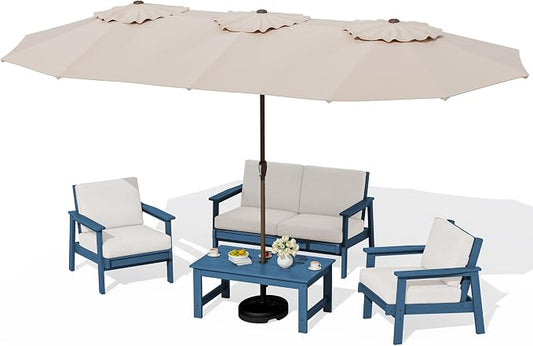 SERWALL HDPE Patio Furniture Set with 15FT Double Side Patio Umbrella, All Weather Wood-Like Outdoor Sofa Sectional Couch, Blue Patio Furniture with Khaki Cushions