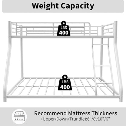 EMKK Twin Over Full Bunk Bed Metal Bunk Beds for Teens Adults, Heavy Duty, Twin Over Full Size Bunk Beds with Ladder & Safety Guardrails,No Box Spring Needed,Easy to Assemble,White
