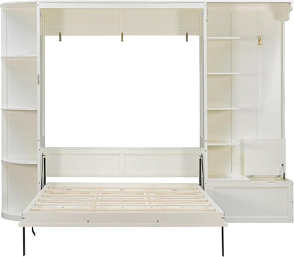 Murphy Bed Queen Size,Murphy Bed with Storage & Lights,Wall Bedframe w/Hidden Fold-Out Legs & Built-in Shelves & Cabinets，Hook,Space-Saving,White