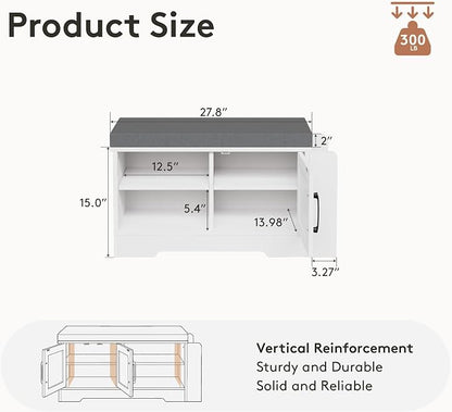 GRUSIGN 27.8" Shoe Storage Bench with Cushion, Entryway Shoe Cabinet, White | 3-in-1 Shoe Storage Bench, Adjustable Shelves, Removable Cushion, 300 lbs Capacity, Entryway, Apartment, Families
