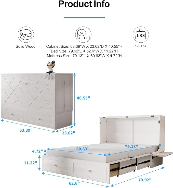 PUREMIND Queen Murphy Bed with Mattress Included, Murphy Cabinet Bed with Storage Drawer, Built-in Charging Station, Solid Wood Frame, Space-Saving Cabinet Beds for Small Spaces/Guest Room (White)