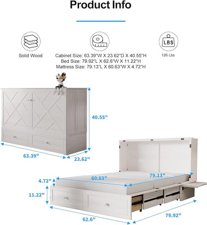 PUREMIND Queen Murphy Bed with Mattress Included, Murphy Cabinet Bed with Storage Drawer, Built-in Charging Station, Solid Wood Frame, Space-Saving Cabinet Beds for Small Spaces/Guest Room (White)