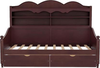 Merax Twin Daybed with Storage Drawers, Wood Twin Day Bed with 3-Tier Storage Headboard Shelves, Retro Style Twin-Size Daybed for Bedroom Guest Room, No Box Spring Needed, Easy Assembly, Espresso