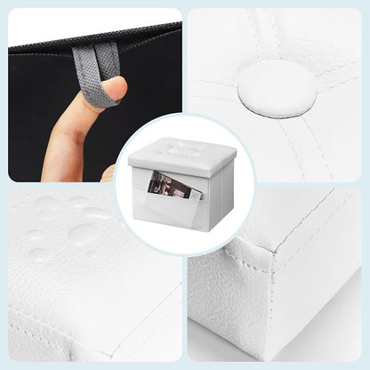 Bsketa Storage Ottoman Foot Rest Stool, Small Leather Storage Ottomans Bench, Folding Footstool with Side Pockets, Foot Rest Under Desk for Living Room Bedroom, 16x12x12 in, White