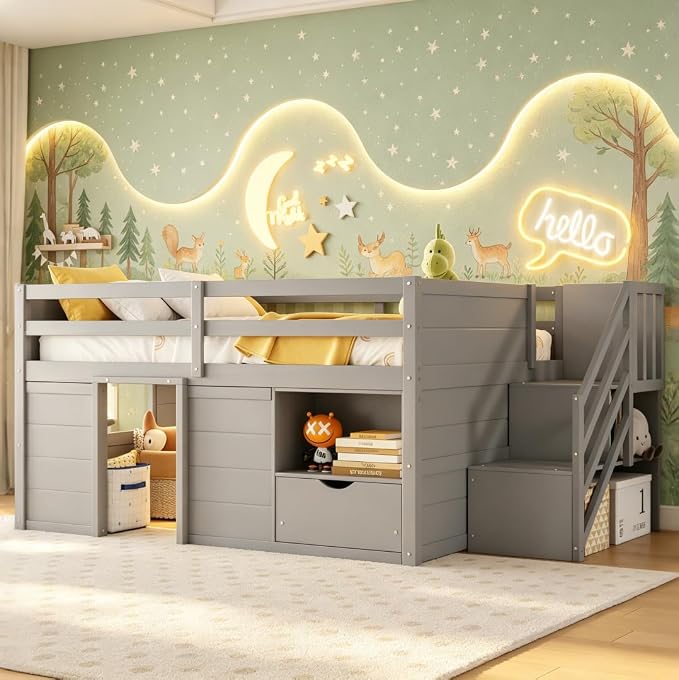Bellemave Full Size Low loft Bed for Kids,Wood Loft Beds,Modern Farmhouse Full loft Bed,Loft Bed with Desk and Storage, No Box Spring Needed,for Kids, Gray