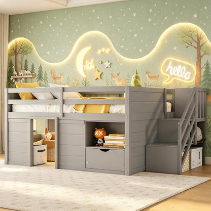 Bellemave Full Size Low loft Bed for Kids,Wood Loft Beds,Modern Farmhouse Full loft Bed,Loft Bed with Desk and Storage, No Box Spring Needed,for Kids, Gray