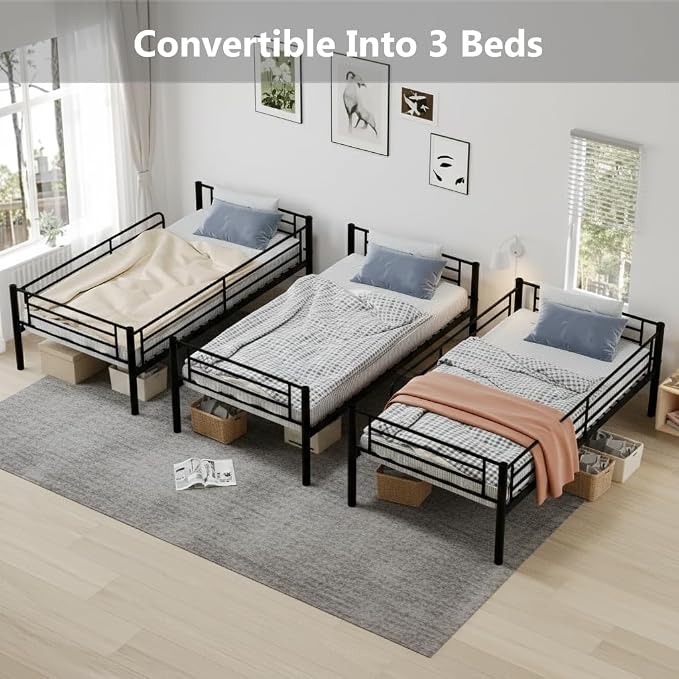 Metal Triple Bunk Bed,Twin Over Twin Bunk Bed for 3, Separates Into 3 Beds with Guardrail and Ladder, Heavy Duty Triple Bed Frame Suitable for Teenager/Adults, No Box Spring Needed(Black)