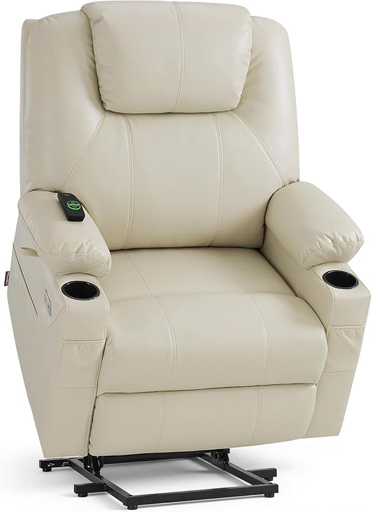MCombo Power Lift Recliner Chair for Elderly R7042(Cream White, Small-Wide) | Heat and Massage, Breathable Faux Leather, USB& Type C Charging Port, FSC Certified