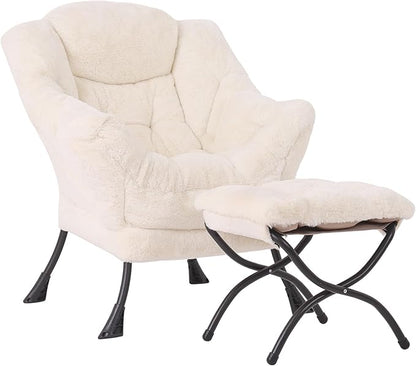 Lazy Chair with Ottoman, Modern Accent Chair Sofa Chair with Armrests, Reading Chair and Folding Footstool for Living Room, Bedroom, Office, Plush Beige