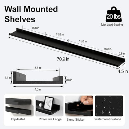Long Floating Shelves for Wall Decor, Long Wall Mounted Storage Shelf for Bedroom, Living Room, Bathroom, Kitchen, Nursery, Display Picture Ledge Shelf with Lip Set of 2-71 Inches, Black