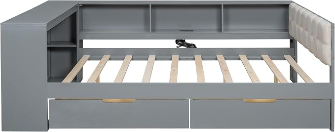 Bellemave Full Corner Bed Frame with Storage Shelves and Desk, Wood Full SizeDaybed with Bookcase and Drawers and Upholstered Headboard, Gray
