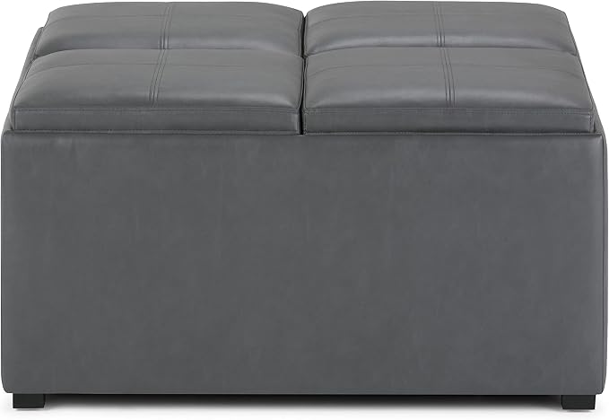 SIMPLIHOME Avalon Wide Contemporary Square Coffee Table Storage Ottoman, Stone Grey, Table Ottoman