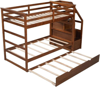 MERITLINE Twin Over Twin Bunk Beds with Trundle and Storage Box, Solid Wood Bunk Bed with Stairs and Storage Case for Teens Adults (Walnut + Solid Wood)