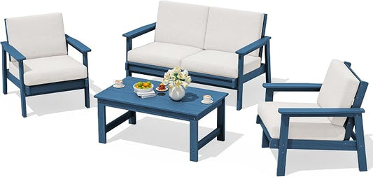 SERWALL 4 Piece HDPE Outdoor Furniture Set, All Weather Wood-Like Outdoor Sofa Sectional Couch, Bllue Patio Furniture Set with Khaki Cushions