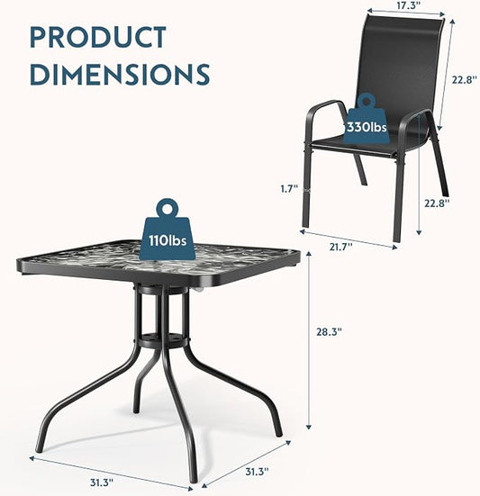 Arlopu 5 Piece Outdoor Patio Dining Set (Umbrella not Included), Porch Furniture with 4 Textline Chairs, 1 Square Glass Table for Garden, Backyard and Poolside, Lawn (Black)