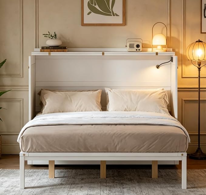 Bellemave Queen Size Murphy Bed with Charging Station and Storage, Farmhouse Murphy bedframe with Foldable Panel, Noisy Free, for Guest Bedroom, Living Room, White