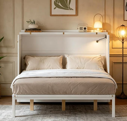 Bellemave Queen Size Murphy Bed with Charging Station and Storage, Farmhouse Murphy bedframe with Foldable Panel, Noisy Free, for Guest Bedroom, Living Room, White