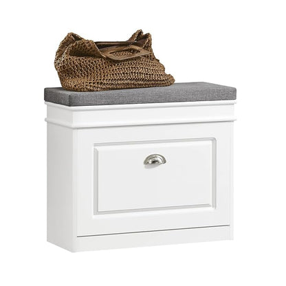 SoBuy Tiny Shoe Storage Bench, Narrow Shoe Cabinet for Entryway, Small Shoe Rack with Cushion&2 Tiers Flip-Drawer, Closet Hallway Mudroom White FSR82-K-W