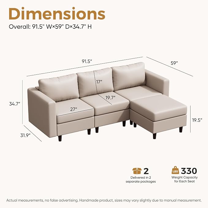 ABCASA L-Shaped Leather Couch, 4 Seater Oversized Faux Leather Couch with Waterproof Covers, Modular Sectional Modern Couch with Movable Storage Seat Ottoman for Living Room, Bedroom Apartment,Gray