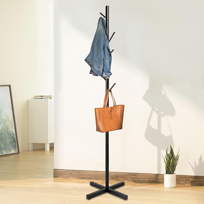 Modern Hall Tree,Floor Standing Coat Rack with 7 Hooks,Entryway Coats Stand for Hallway,Bedroom,Living Room,Office,Black