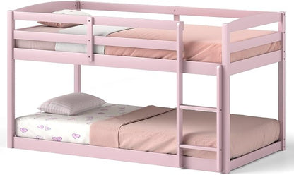 MAT EXPERT Bunk Bed Twin Over Twin, Low Wood Bunk Bed Frame w/Safety Guardrails, Ladder & Slats, Floor Platform Twin Bunk Beds for Kids Toddlers, for Dorm Bedroom, No Box Spring Needed (Pink)