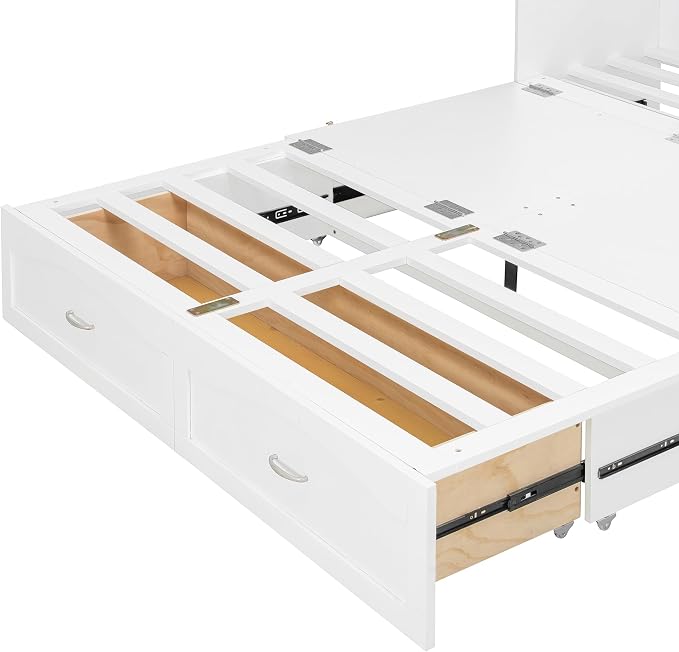 Ball & Cast Wall Bed Queen Size Murphy Beds with Drawer and a Set of Sockets,Multi-Functional Hideaway Cabinet w/USB Ports,Pulley Structure Design,Space Saving for Bedroom,Apartment,Studio,White