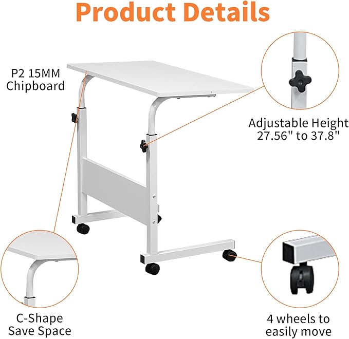 Karl home Mobile Side Table 31.5 inch Computer Desk with Wheels Height Adjustable Rolling Potable Laptop Cart, C-Shaped Bed Couch Sofa End Tables with Edge Stopper for Livingroom Bedroom, White