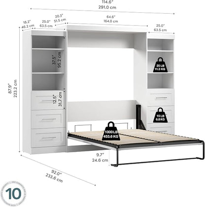 Bestar Pur Queen Murphy Bed and 2 Shelving Units with Drawers, 115-inch Space-Saving Sleeping Arrangement for Multipurpose Area, Bedroom, Guest Room, or Living Room