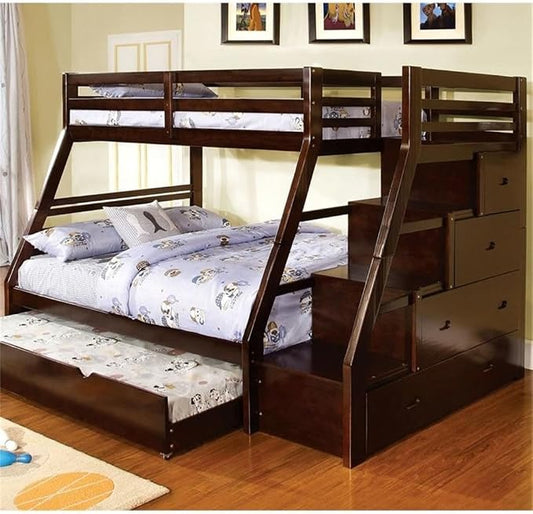 BOWERY HILL Twin Over Full Storage Bunk Bed, Solid Wood and Veneer, Walnut Finish, 99.75 x 56.5 x 65 in, Side Staircase, Tiered Drawers, Slatted Guard Rail, Transitional Style for Kids or Guest Room