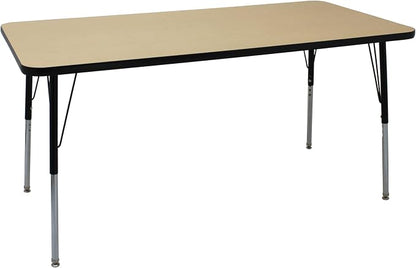 FDP Rectangle Activity School and Office Table (30 x 60 inch), Standard Legs with Swivel Glides, Adjustable Height 19-30 inches; Quick Ship Single Box - Maple Top and Black Edge