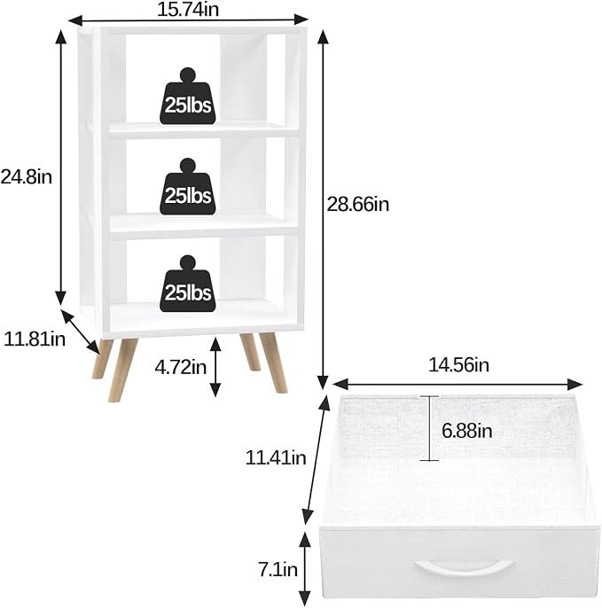 Aenuert Night Stand, White Nightstand with Fabric Drawers, Wooden Side Table with Open Storage, 3-Tier Modern End Table, Bedside Table for Small Space, Living Room, Bedroom