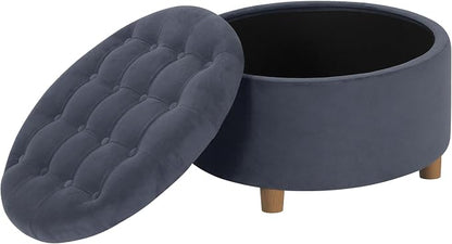 HomePop 28" Button Tufted Velvet Round Storage Ottoman - Steel Blue Velvet