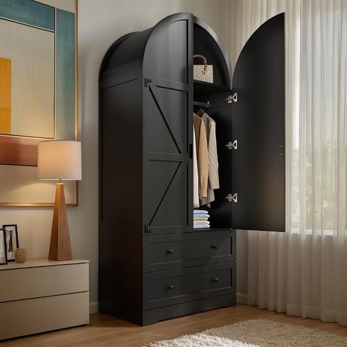 Black Armoire Wardrobe Closet,Wooden Wardrobe with 2 Doors and 2 Drawers,Bedroom Freestanding Armoire Storage Cabinet with Hanging Rack,Wardrobe Storage with with Hanging Rod for Bedroom, Cloak Room
