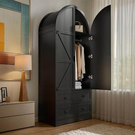 Black Armoire Wardrobe Closet,Wooden Wardrobe with 2 Doors and 2 Drawers,Bedroom Freestanding Armoire Storage Cabinet with Hanging Rack,Wardrobe Storage with with Hanging Rod for Bedroom, Cloak Room