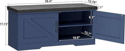 HOMSHO Farmhouse Shoe Storage Bench with 2 Barn Doors & Padded Seat Cushion | 39.4" Wide Entryway Bench with Adjustable Shelves & Hidden Storage, Blue