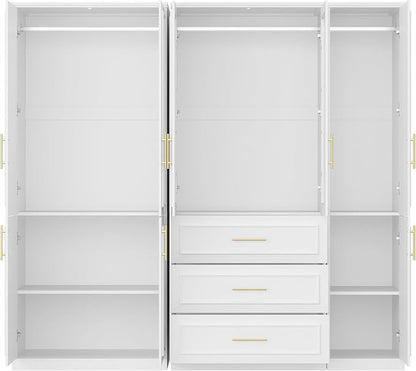 Timechee Almirah for Clothes, White Large Wardrobe Closet System, Bedroom Storage Cabinets with Tempered Glass Doors and Shelves,Hanging Rods, Standing Armoire Wardrobe Closet with Drawers for Bedroom