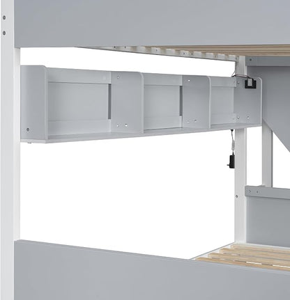 Wood Bunk Bed Twin Over Full with Staircase and Side Shelves | Striped-Design Staircase, Built-In Light Strip, Space-Saving Design, Kids Teens Adults, Versatile Bed Frame
