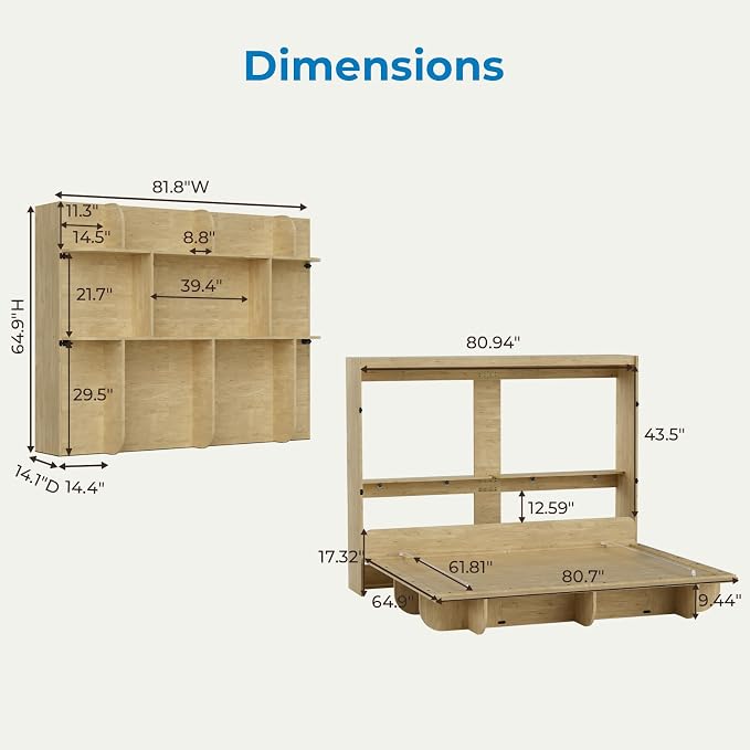 Mjkone Queen Size Wall Bed with Storage Shelf, Queen Wall Cabinet Murphy Beds with Bookshelf, 82" W Top Cabinet Bed Frame, Space-Saving Cabinets Beds for Bedroom/Guest Room/Studio/Office - Wood Color