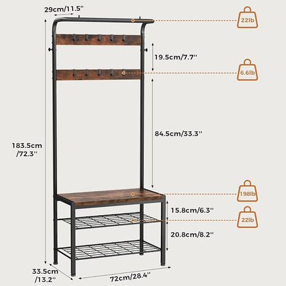 Hall Tree with Bench and Shoe Storage, 4-in-1 Entryway Organizer with 10 Hooks and Storage Shelf,Coat Rack Freestanding with 2-Tier Storage Shelf for Living Room, Bedroom Rustic