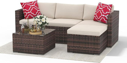 5-Piece Outdoor Sectional Sofa Set, Outdoor Patio Set Sectional Sofa, All-Weather PE Rattan Patio Furniture with Ottoman & Tempered Glass Table for Garden, Backyard, Porch, Poolside (Brown/Beige)