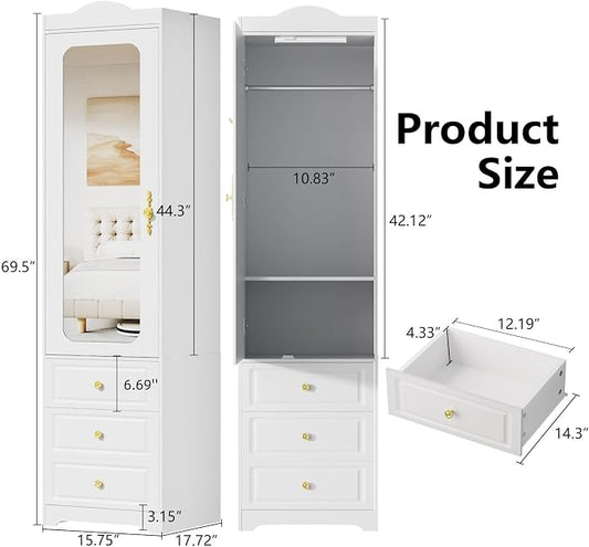 Armoire Wardrobe Closet, White Bedroom Armoires Cabinet with Mirror Door and 6 Drawers, 15.7" W/69.5" H Clothing Storage Cabinet with Hanging Rod & Sensor Light for Bedroom-Left+Right