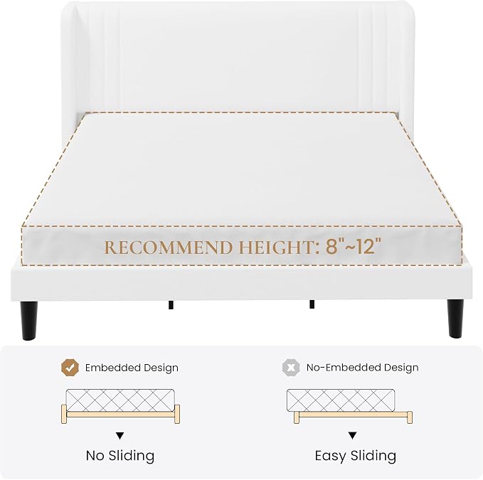 SHA CERLIN King Size Velvet Upholstered Platform Bed Frame with Vertical Channel Tufted Wingback Headboard, Wooden Slats Support, Easy Assembly, Under Bed Storage, No Box Spring Required, White