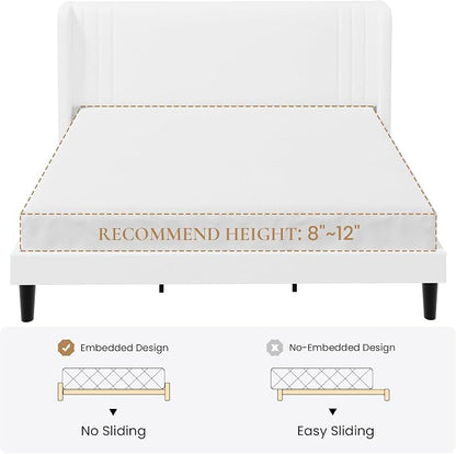 SHA CERLIN King Size Velvet Upholstered Platform Bed Frame with Vertical Channel Tufted Wingback Headboard, Wooden Slats Support, Easy Assembly, Under Bed Storage, No Box Spring Required, White