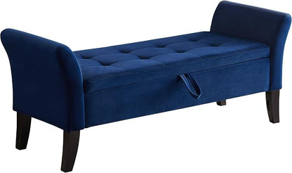 Furniliving Storage Ottoman Bench, Velvet Benches End of Bed Bench with Solid Wood Legs Upholstered Ottoman with Storage Indoor Bench for Living Room with Rolled Arm, Entryway, NavyBlue