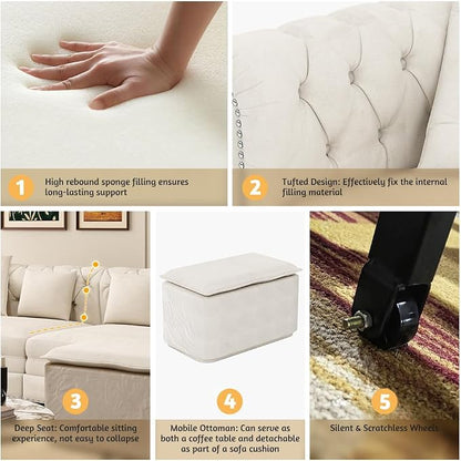89'' Pull Out Sofa Bed King, Chesterfield Velvet Sleeper Sofa, Convertible L-Shaped Futon Couch, Tufted Back, 4 Pillows, Ottoman, Deep Seat Loveseat Couches for Living Room, Apartment, Beige