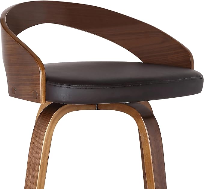 Armen Living Sonia 26" Seat Height Mid Century Modern Swivel Bar Stool for Kitchen Island Counter in Brown Faux Leather and Walnut Wood